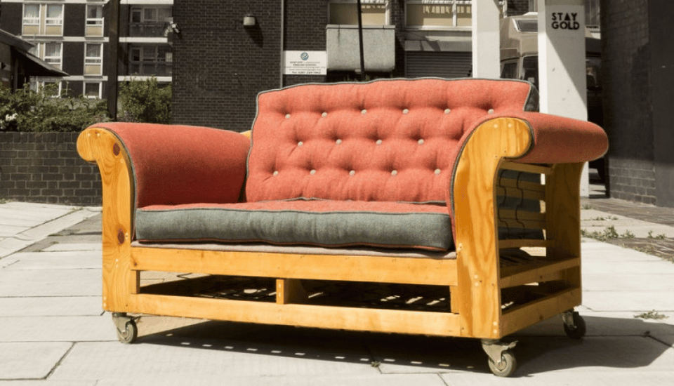 The Survivor Sofa, upcycled from landfill materials, now located at RSA House.