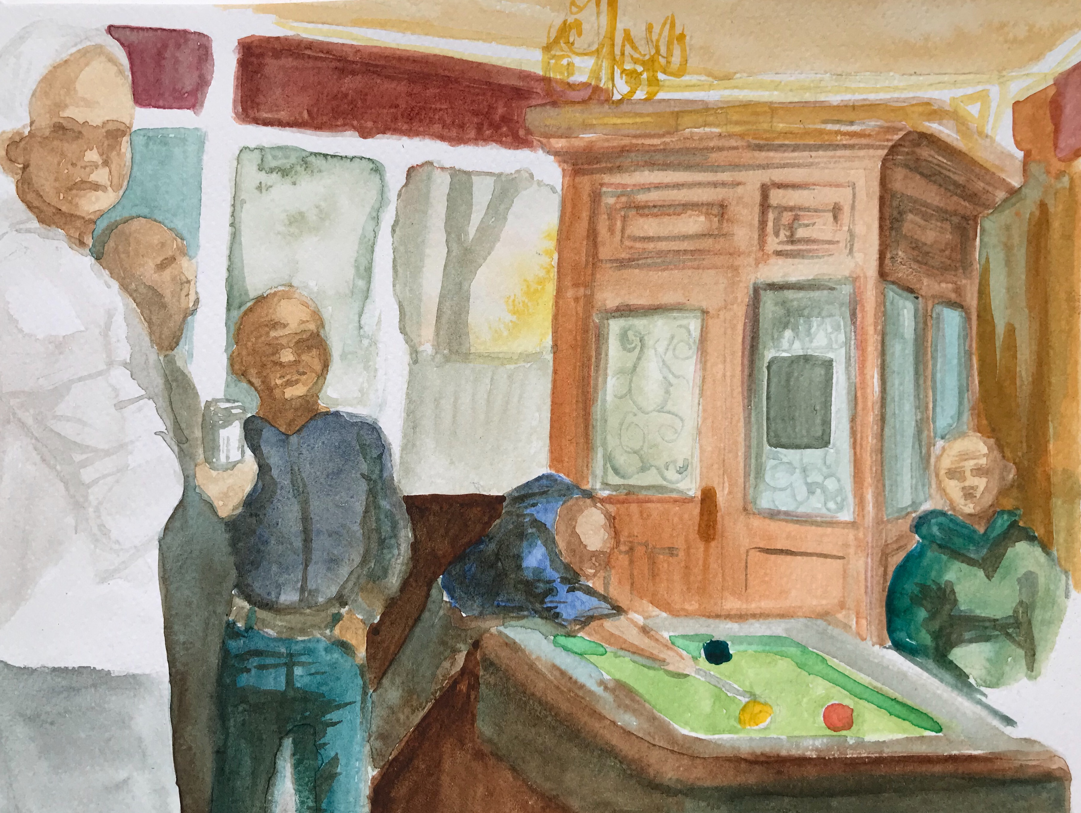 Watercolor painting of several men playing pool in a pub