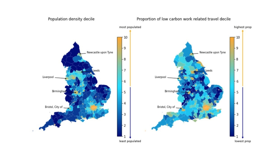 Population density and proportion of low carbon travel in England