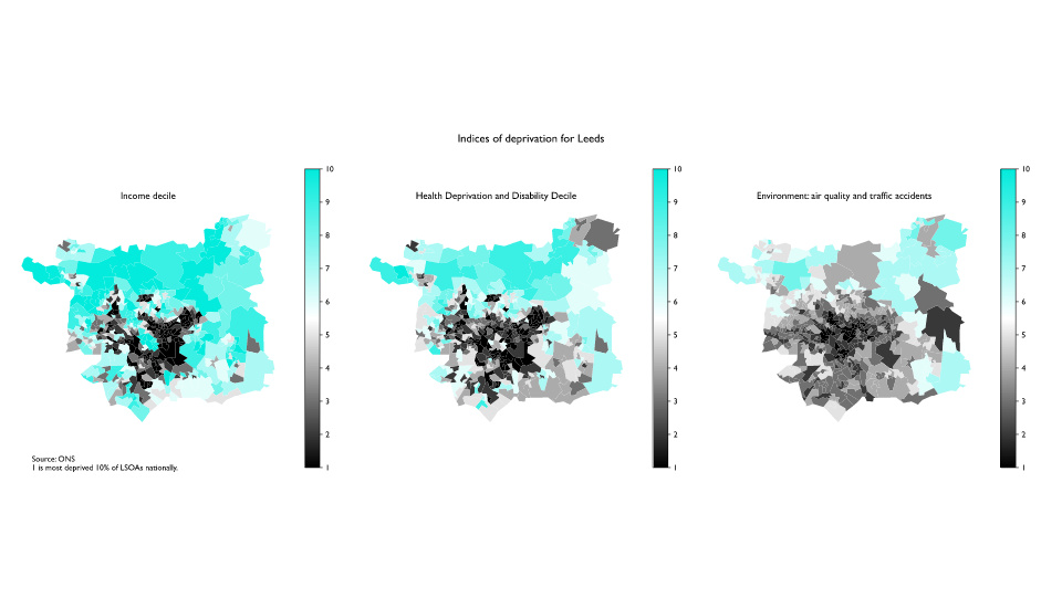 Spatial Clustering of social, economic and ecological outcomes in Leeds - ONS Indices of Deprivation