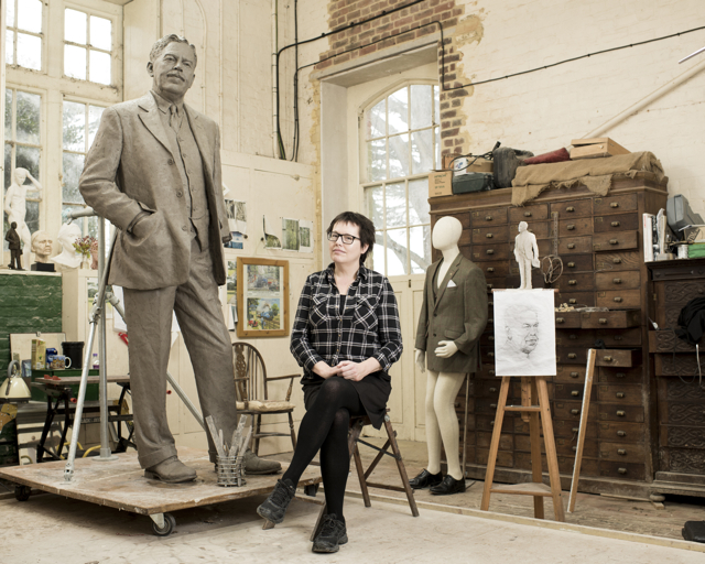 Sculptor Hazel Reeves in her studio, with the clay Sir Nigel Gresley 