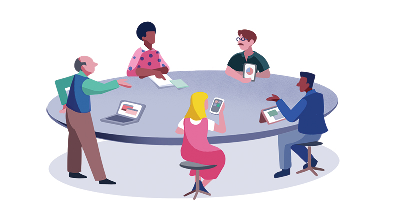 Graphic of a group of Fellows gathered around a table in the coffeehouse, collaborating