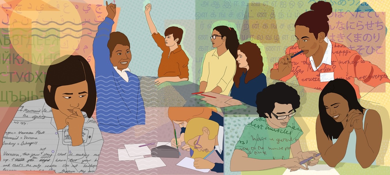 Illustration by Caterina Miralles Tagliabue: school pupils contributing to classroom discussions or working independently