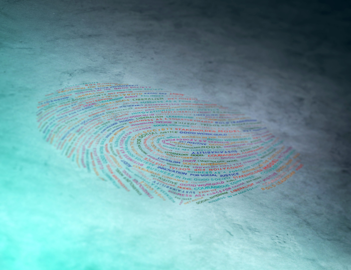 A colorful fingerprint composed of words on a textured, light gray surface. The words curve to form the fingerprint pattern, creating an intricate, artistic design. Subtle lighting casts shadows, enhancing the texture.