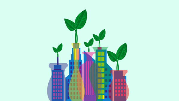 Illustration of colorful skyscrapers with large green leaves sprouting from their roofs against a light green background. The design suggests a blend of urban development and nature.