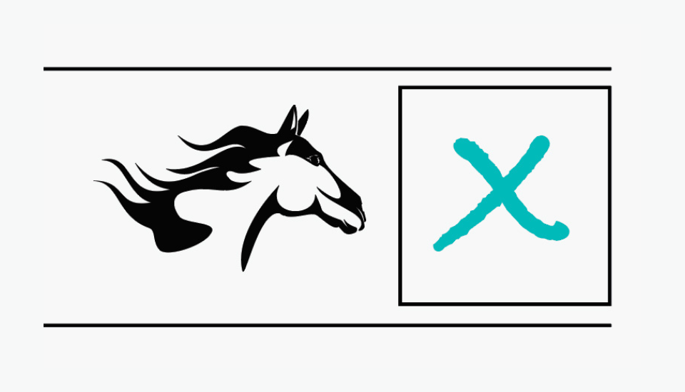 Black silhouette of a horse's head with flowing mane on the left. A large blue "X" is inside a rectangular box on the right. The design is simple with a white background.