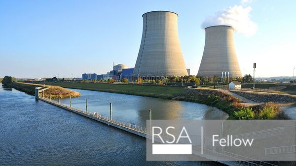 A scenic view of two large cooling towers at a power plant beside a body of water under a clear blue sky. A "RSA Fellow" logo is visible in the lower right corner.