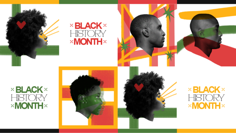 Collage with four side profiles of Black individuals on colorful backgrounds, featuring text "Black History Month" in black and red, with abstract elements like hearts, stars, and colorful shapes.