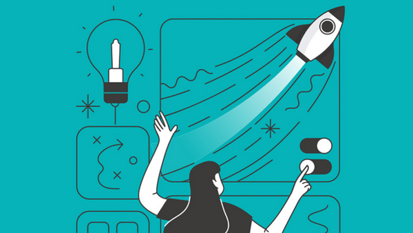 Illustration of a person with long hair flipping a switch, launching a rocket, symbolizing innovation. A light bulb and abstract lines represent ideas and movement. The background is teal.