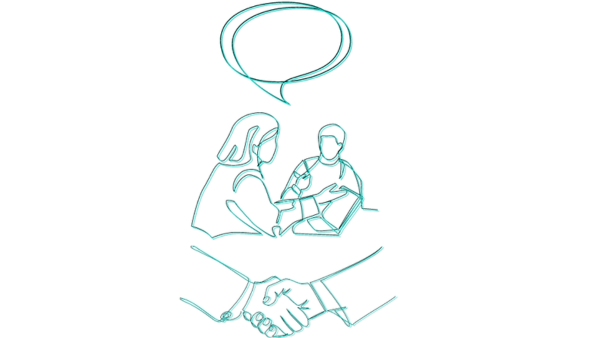 A line drawing of two people sitting at a table, with one writing in a notebook. A speech bubble is above them, and a handshake is depicted below, symbolizing communication and agreement.