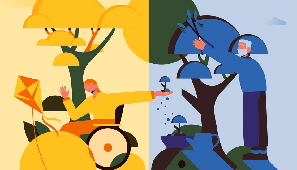 Illustration divided into two scenes: left shows a person in a wheelchair flying a kite surrounded by yellow trees; right depicts an older person pruning blue trees, with a tea set below. The colors create a contrasting seasonal theme.