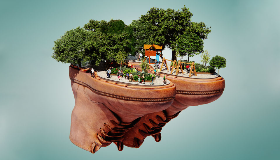 A floating island shaped like a pair of brown shoes hosts a scenic park with lush trees, a playground, and people walking and socializing. The background is a gradient of light blue.