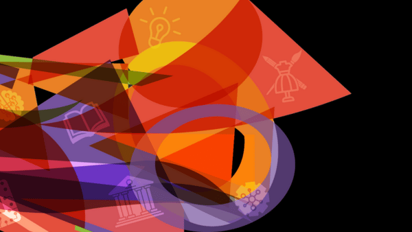 Abstract digital artwork with overlapping geometric shapes in red, orange, and purple hues on a black background. Faint icons like a light bulb, book, and dress are visible within the shapes, adding texture and symbolism.
