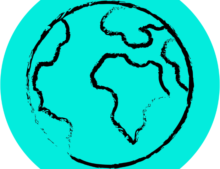 Simple drawing of a globe with black outlines of continents on a turquoise background. The map features a stylized representation that is not geographically precise.