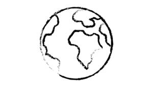 A hand-drawn, sketch-like illustration of the Earth with visible continents, focusing on Africa, Europe, and parts of Asia. The design is simplistic, with bold, black outlines on a white background.