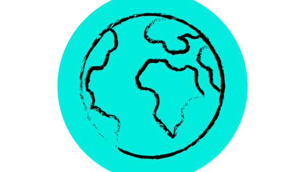 Simple illustration of a globe with black continents on a turquoise background. The continents appear sketch-like and are roughly outlined, representing a stylized version of Earth.