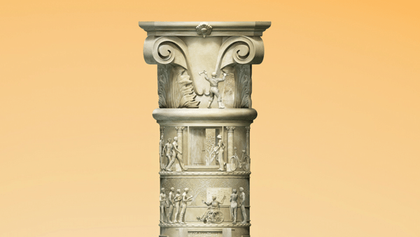 An intricate stone column with carved reliefs depicting historical figures and scenes in bands. The capital features ornate scrollwork and symbolic figures. The background is a warm gradient from orange to light yellow.