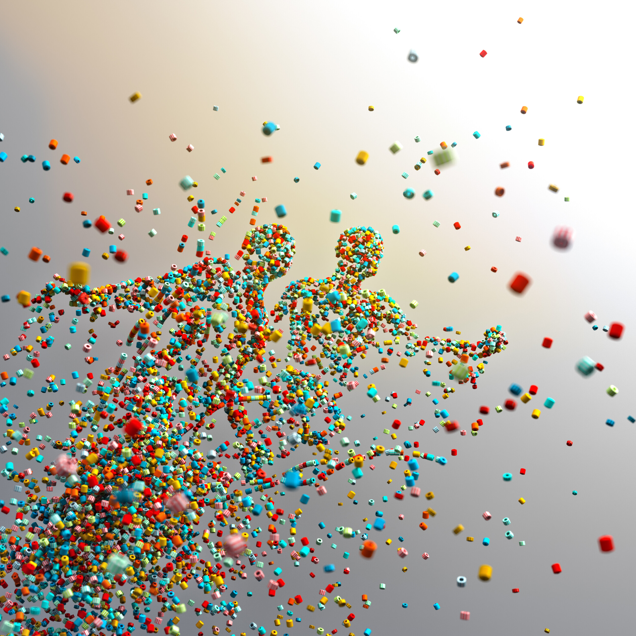 Two human silhouettes composed of colorful, scattered particles appear to be dancing or in motion against a gradient background. The particles vary in size and color, creating a dynamic and abstract visual effect.