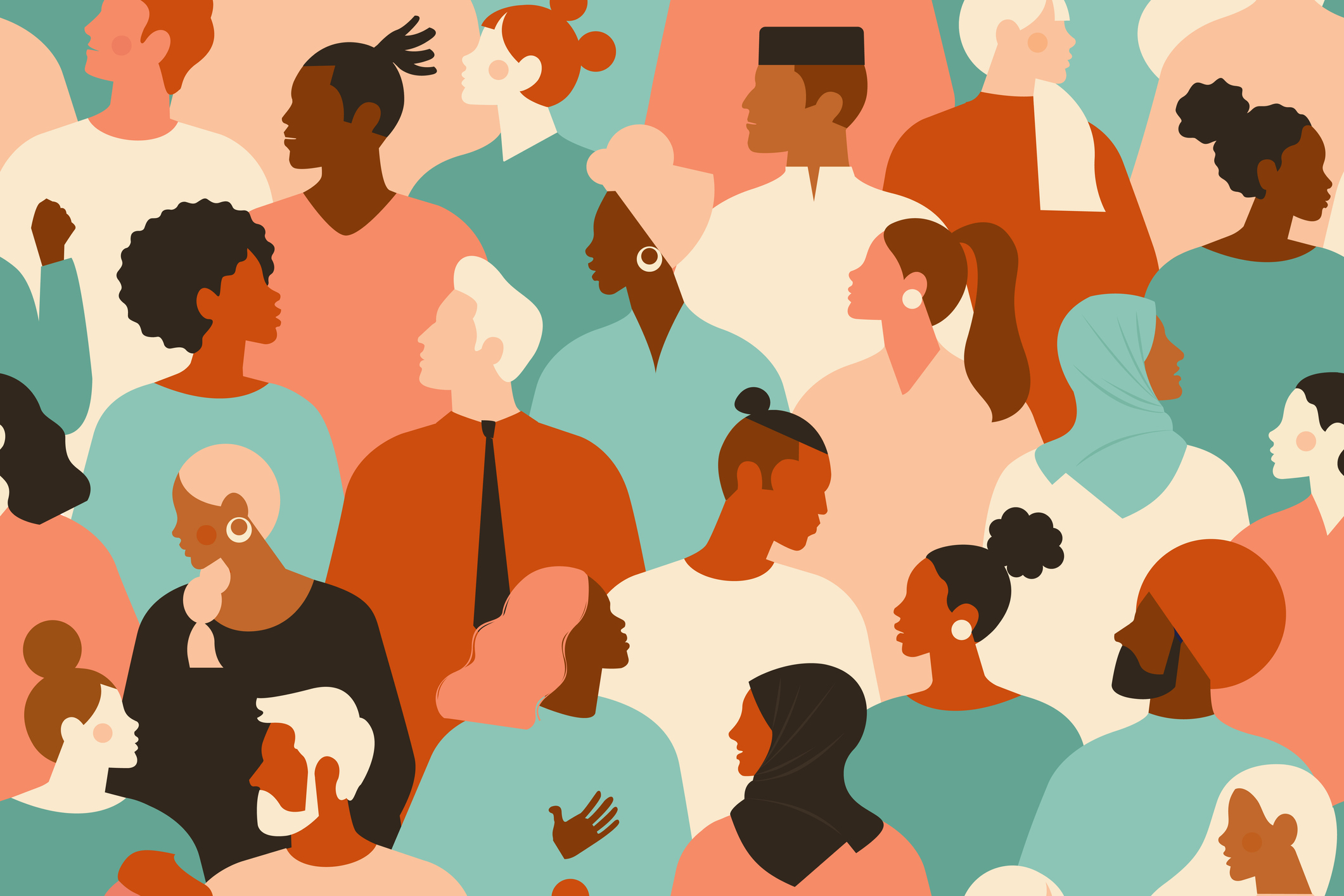 Illustration of diverse people in various poses wearing colorful clothing and accessories. The image features a range of hairstyles and headwear, with warm and cool tones creating a harmonious, multicultural scene.