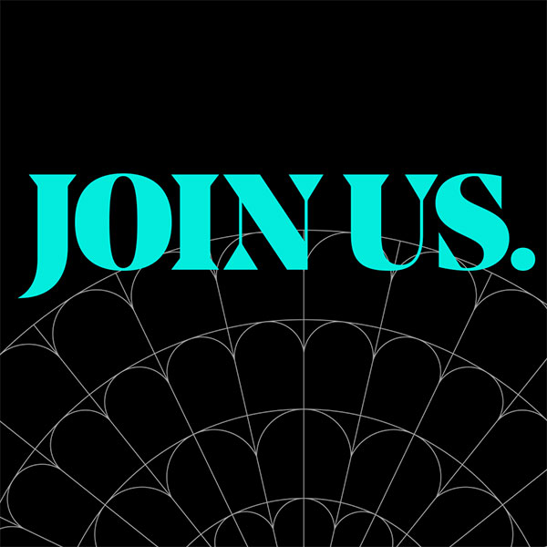 Bold turquoise text reading "JOIN US." on a black background, with a faint, circular geometric pattern at the bottom.
