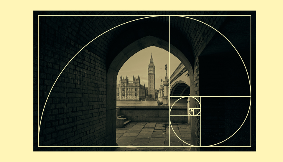 View through an archway showing the Houses of Parliament and Big Ben in London, framed by a spiral pattern overlay resembling the golden ratio, in a sepia tone.