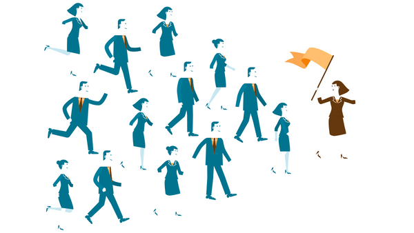Illustration of a group of businesspeople running and walking, following a woman holding an orange flag. They are all wearing business attire and moving energetically in the same direction, symbolizing leadership and teamwork.