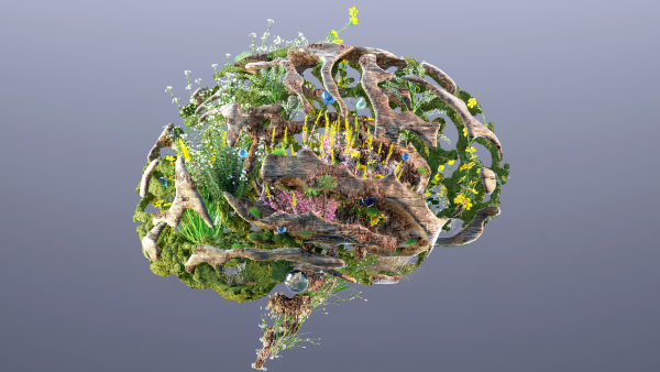 A creative sculpture depicting a human brain made from intertwined branches, flowers, and foliage. The vibrant greenery and colorful blossoms form a network resembling brain structure against a neutral gray background.