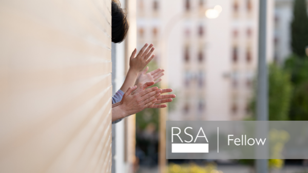Three people lean out of a window, clapping their hands. A blurred background shows greenery and buildings. The text "RSA Fellow" is at the bottom right.