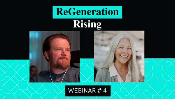 Two people are featured in the image. The text reads "ReGeneration Rising" at the top and "Webinar #4" at the bottom. The background has a geometric pattern in teal and black.