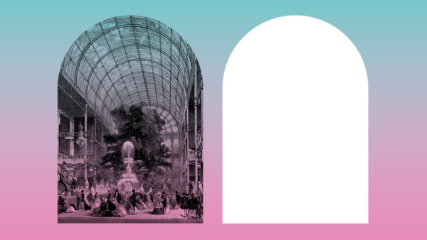 A split image with a historical-style illustration of a grand exhibition hall with a fountain and people on the left, and a blank white silhouette of the same shape on the right. The background is a gradient of teal to pink.