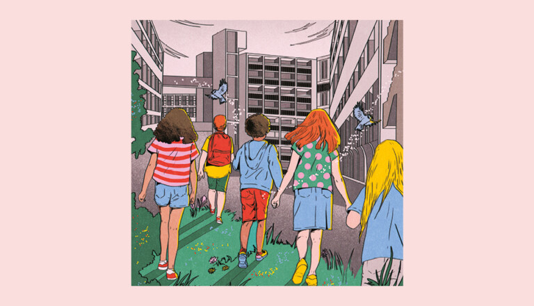 Illustration of five children walking toward a large modern building. The children, dressed in casual summer clothes, are walking through a grassy area with a pigeon flying above them. The building features multiple stories and large windows.