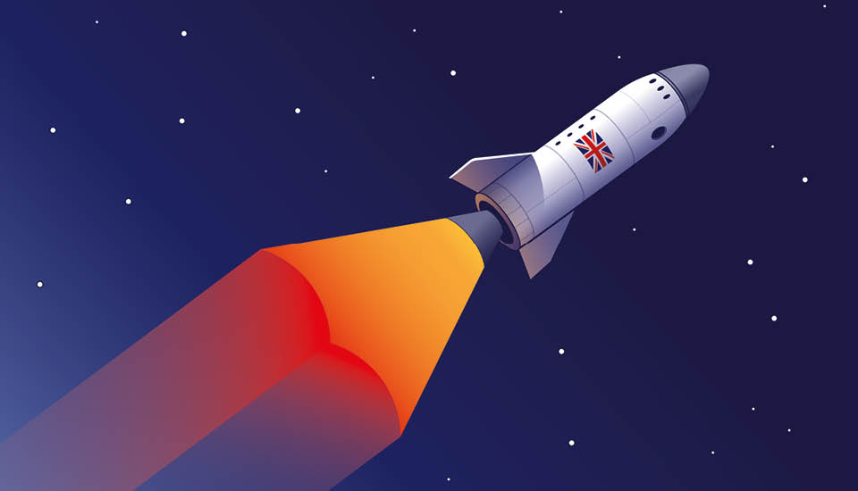 Illustration of a rocket with the Union Jack flag on its side, launching into a starry sky. The rocket emits bright orange flames from its engines, propelling it upward.