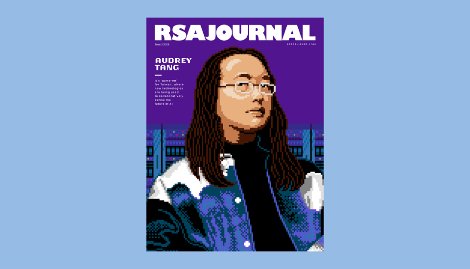A pixel art-style magazine cover titled "RSA Journal" featuring a person in a blue and white jacket against a purple background. The name "Audrey Tang" is displayed next to them, along with a brief text excerpt.