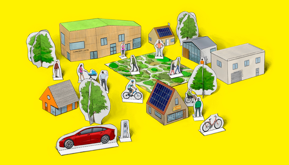 Illustration of a small community on a yellow background, featuring various cardboard cutouts of people, houses, and trees. There's a community center, solar panels, electric car with a charging station, and cyclists on a path.
