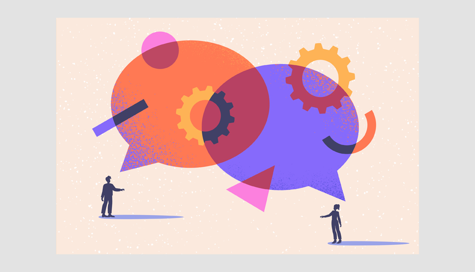 Illustration of two people facing each other with overlapping speech bubbles in orange and purple, containing gears and abstract shapes, symbolizing communication and collaboration on a speckled beige background.