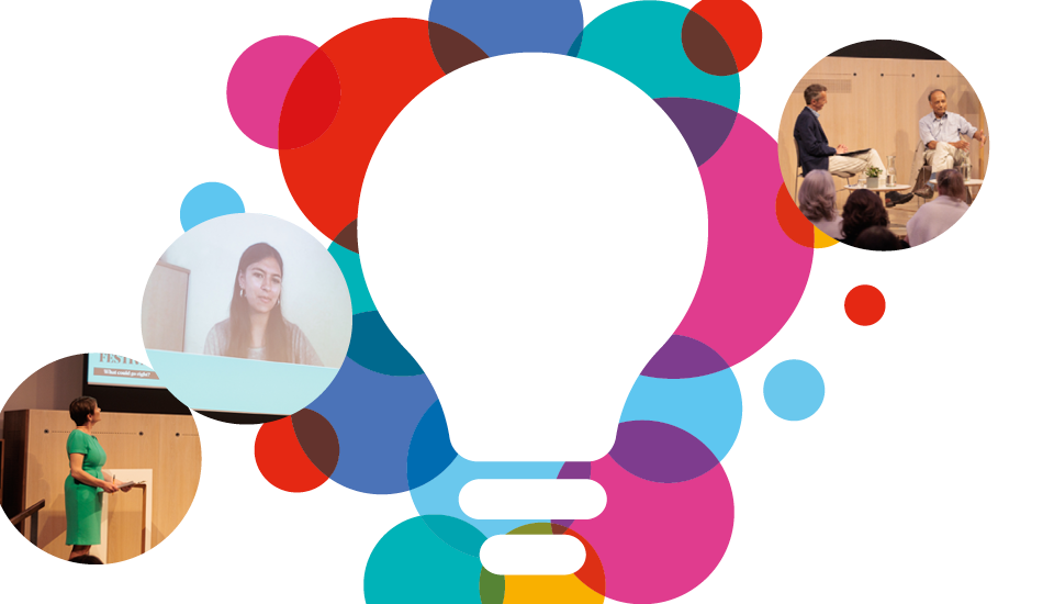 Collage with a large, white light bulb silhouette over colorful circles. Three inset photos show a person speaking from a podium, a person on a video call, and two people on stage having a conversation.