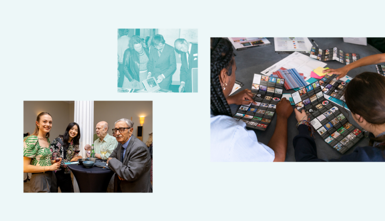 Collage of three images: people looking at photographs on a table, a group of four people smiling and holding drinks near a tall table, and two individuals arranging colorful cards on a table.