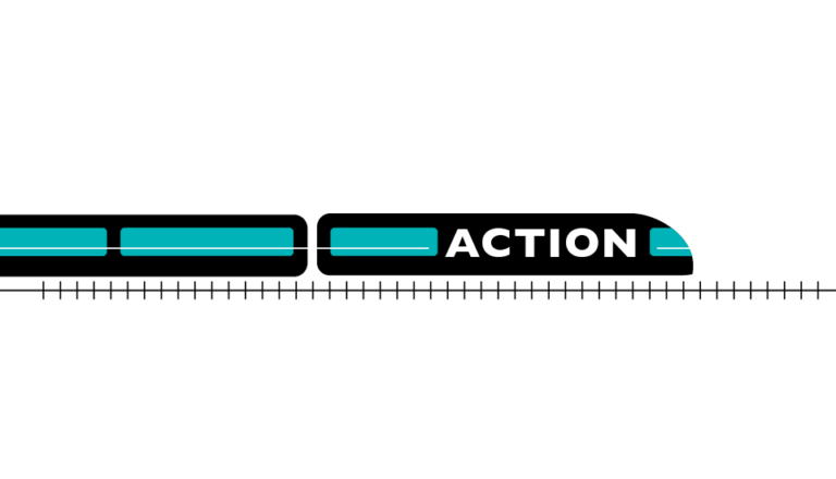 Illustration of a train with the word "ACTION" on it in bold white letters. The train is stylized in black with turquoise windows and lines, moving on a track against a white background.
