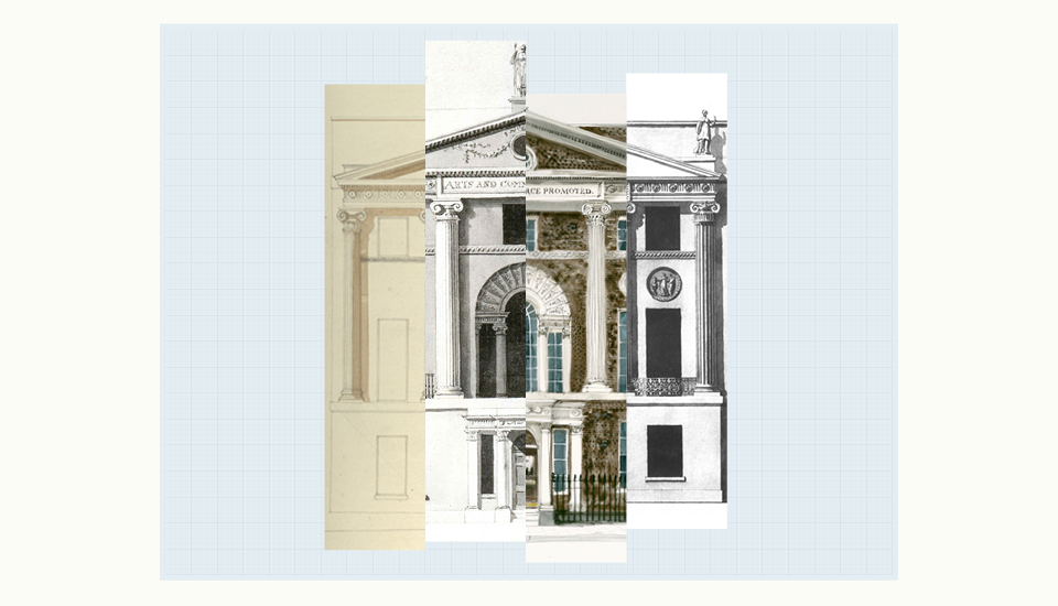 A composite collage of classical architectural sketches and illustrations of a building facade, showing columns, arches, and detailed entablature with Latin inscriptions, layered over a background of a grid paper design.