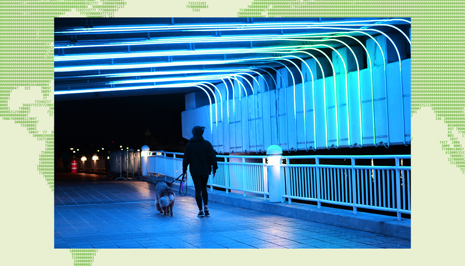 A person walks a dog on a pathway lit by blue and green neon lights. The scene is at night, with a railing on one side and a partially visible globe map as the background design.