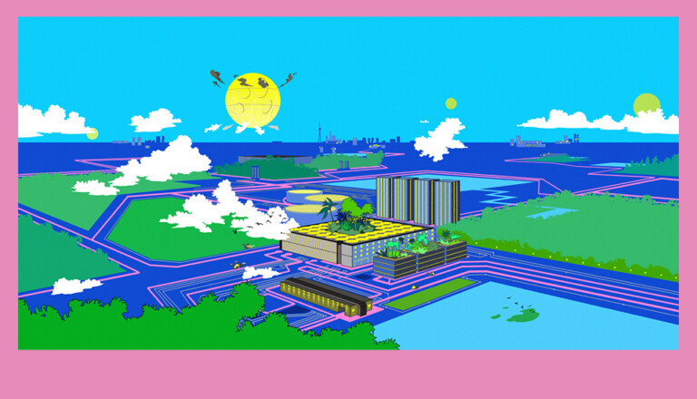 A vibrant cityscape illustration with bold colors features a futuristic urban area surrounded by water. It includes modern buildings, trees, and a large sun hovering above. The sky is bright blue with scattered clouds, all framed by a pink border.