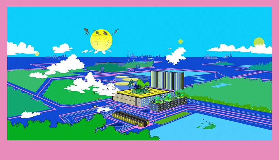 A vibrant cityscape illustration with bold colors features a futuristic urban area surrounded by water. It includes modern buildings, trees, and a large sun hovering above. The sky is bright blue with scattered clouds, all framed by a pink border.