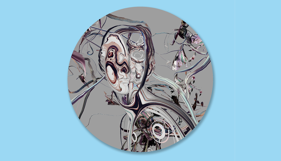 Abstract digital art featuring a circular shape filled with swirling, organic patterns in muted colors. The intricate design includes fluid lines and shapes resembling branches and faces, set against a light blue background.