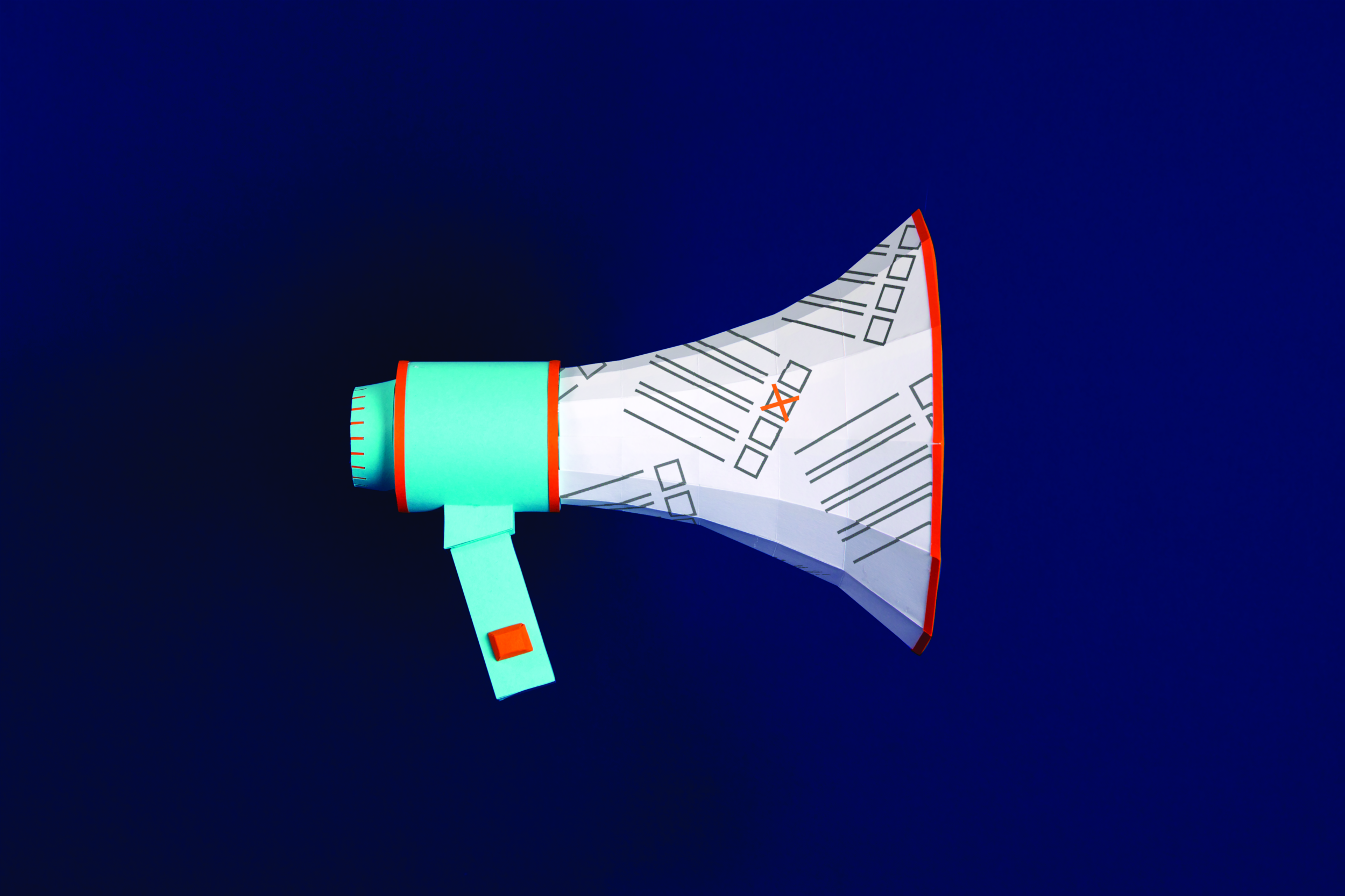 Illustration of a megaphone with a pattern resembling a checklist, featuring various shapes and a checked box. The megaphone has a light blue handle and red accents, set against a dark blue background.