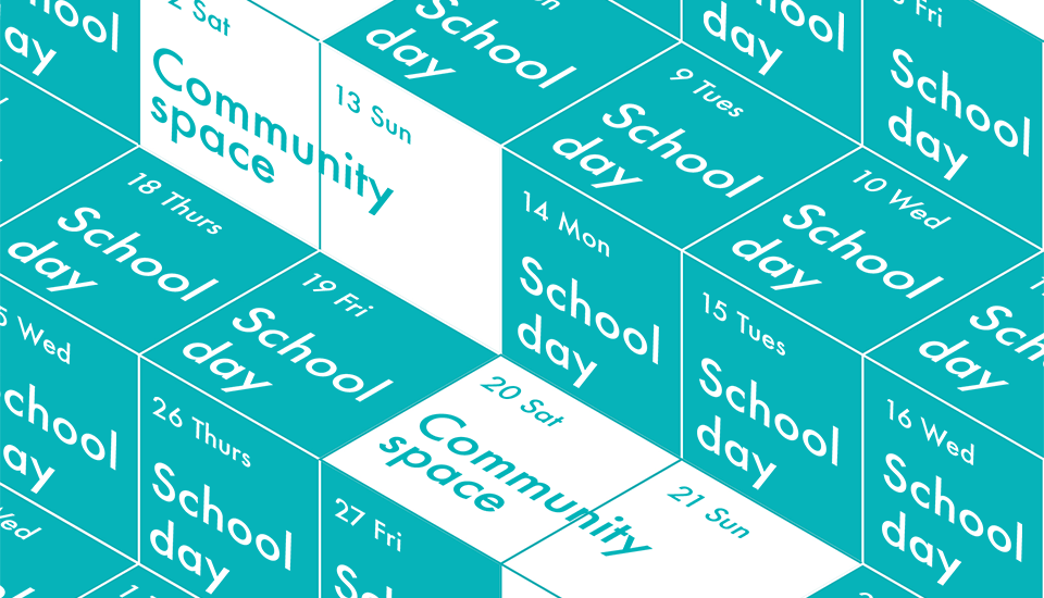 A 3D isometric calendar shows a block layout. Days labeled "School day" are positioned higher, while "Community space" days are lower. The arrangement alternates to create a zigzag pattern, with days numbered from 1 to 21 and weekdays listed.