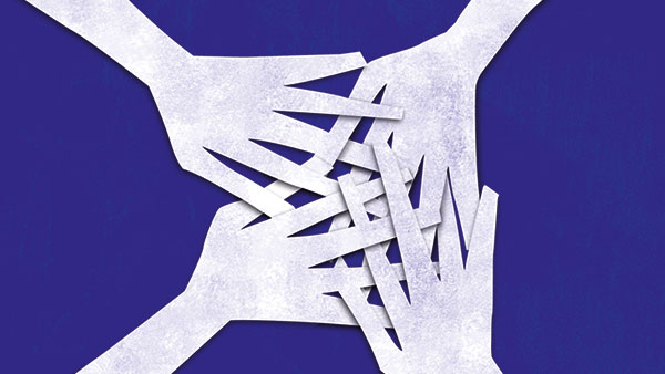 Illustration of four white paper-cut hands reaching towards each other, overlapping to form a symmetrical pattern on a dark blue background.