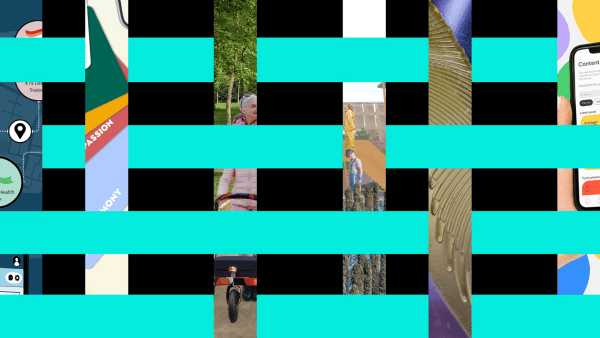 A collage of vertical images divided by turquoise horizontal bars, featuring people, apps, colorful graphics, and textures.