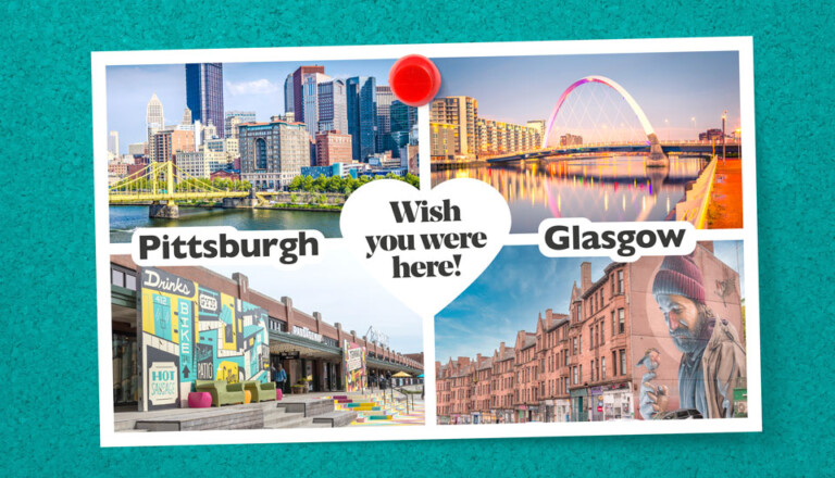 A postcard featuring Pittsburgh's skyline and a bridge with city lights, alongside Glasgow's illuminated bridge and mural on red brick buildings. The center has a heart-shaped label with "Wish you were here!" written on it.