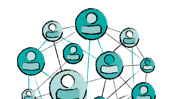 A network illustration with interconnected teal circles, each containing a person icon, against a white background. The circles and connecting lines suggest a web of connected individuals or groups.