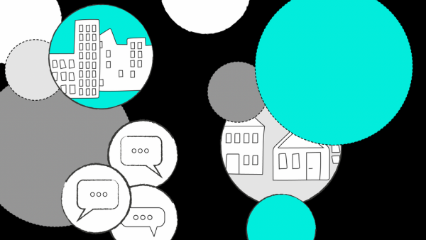 Abstract illustration featuring various circles with sketches of buildings, chat bubbles, and blank areas. Circles vary in size and are colored in teal, gray, and white, creating a dynamic and modern composition.